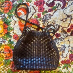 Leather basket-weave bucket purse